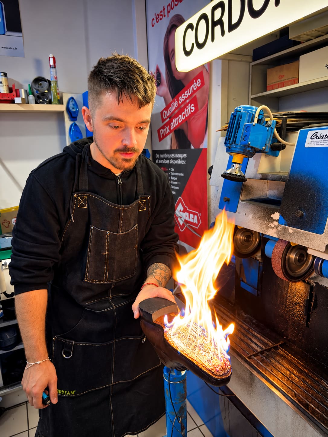 Cordonnier flambant la semelle d'une chaussure en atelier