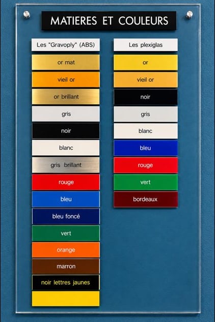 Nuancier des matières et couleurs disponibles pour plaques gravées